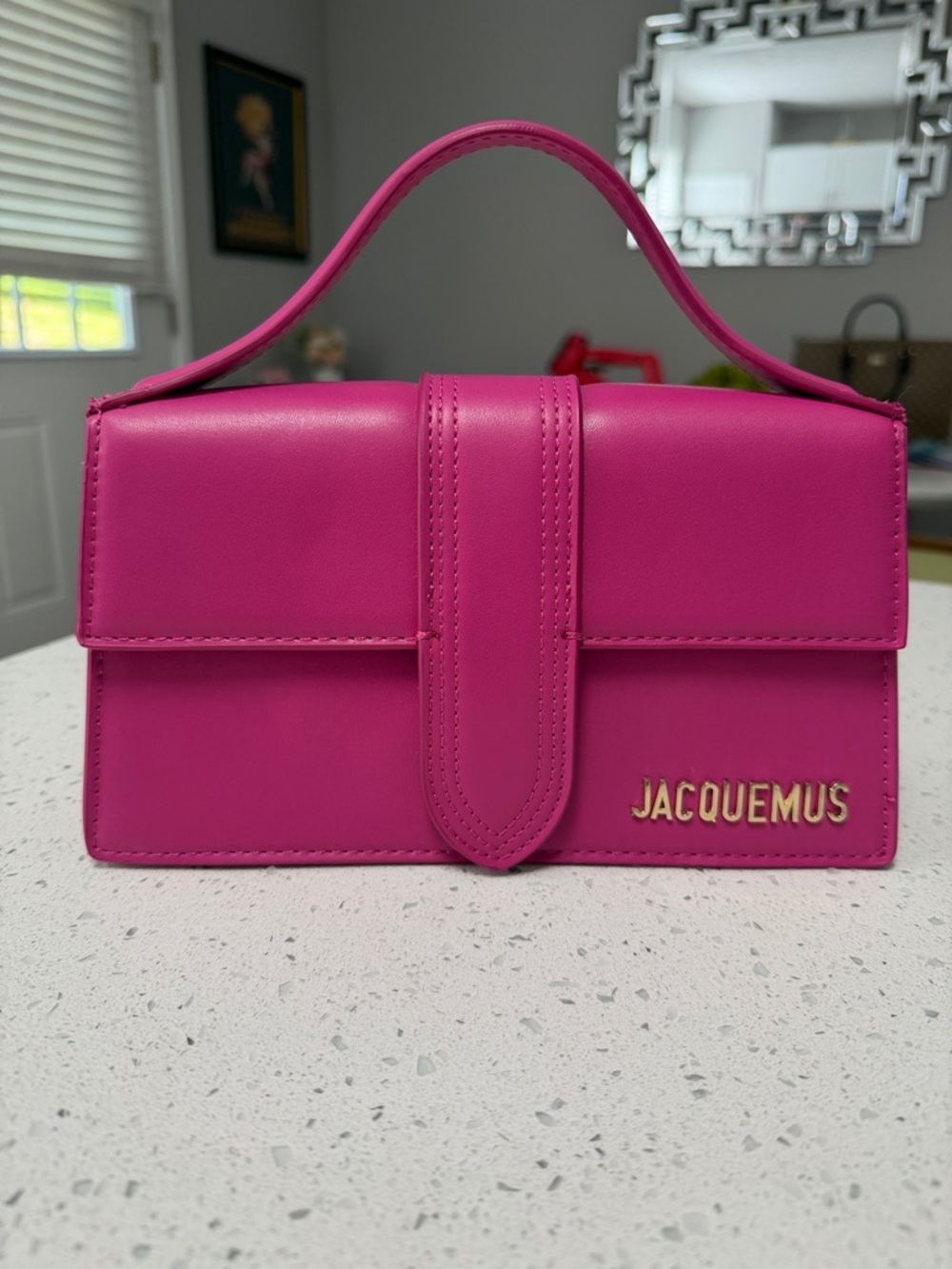Jacquemus Fuchsia Leather Top-Handle Mini Bag with Gold Logo